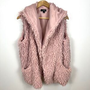 A.N.A. Womens Pink Faux Sheep Fur Hooded Jacket Vest Pockets Cozycore Large Coat